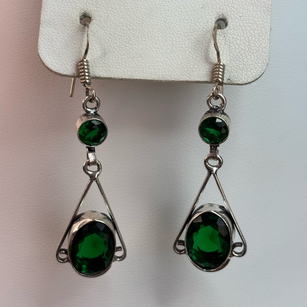 Stunning .925 Silver Overlay and Emerald Green Drop Earrings